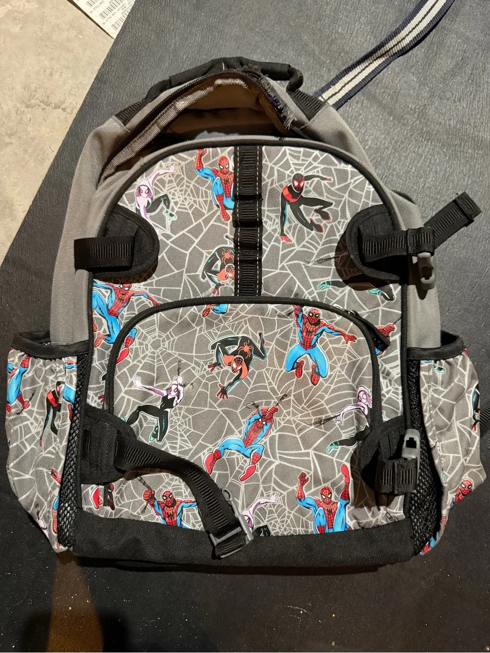 Pottery Barn Kids Gray Spider-Man Graphic Backpack with Blue and Red Accents